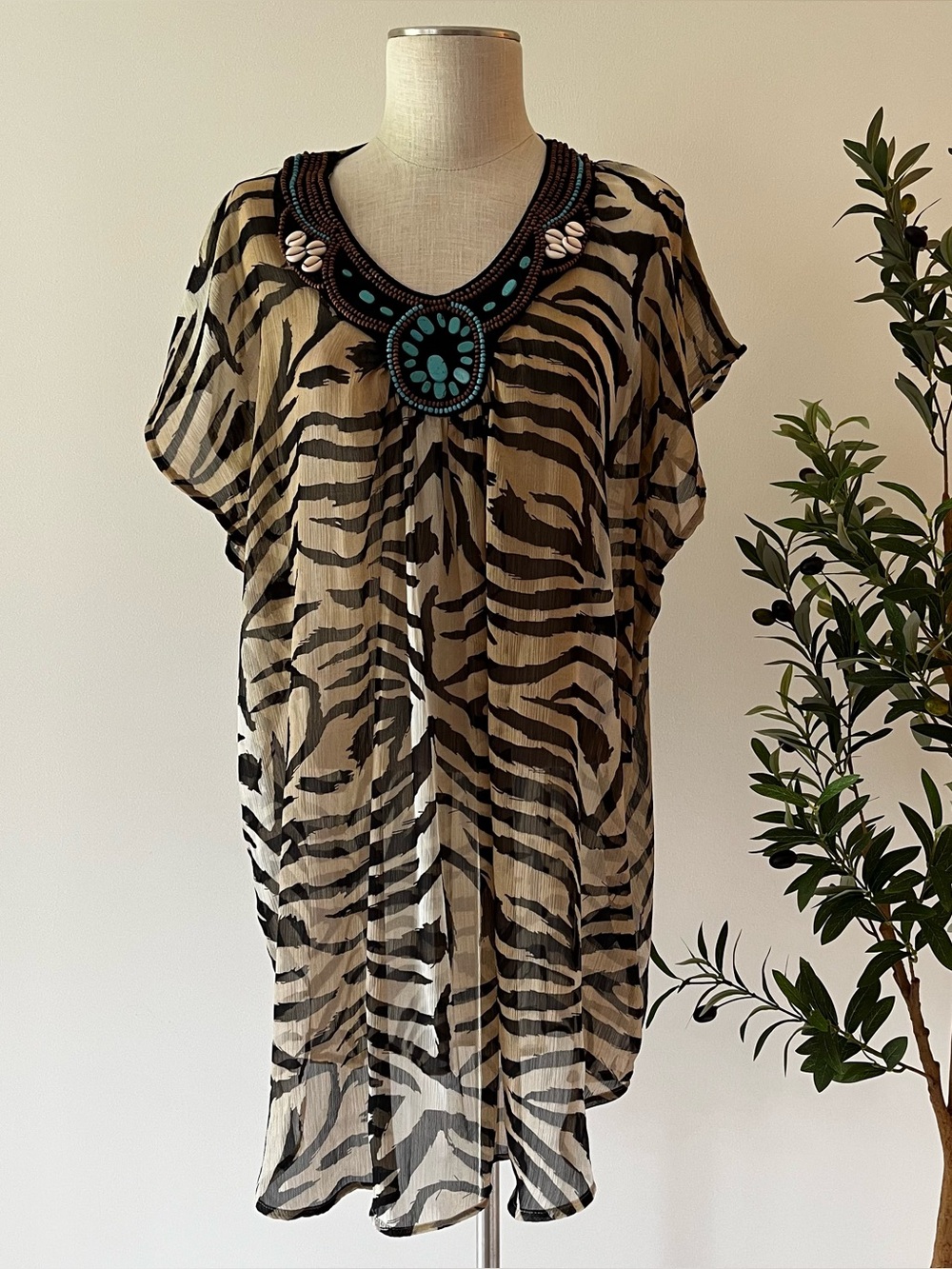H&M Sheet Zebra-Print Tunic with Turquoise Beaded Neckline